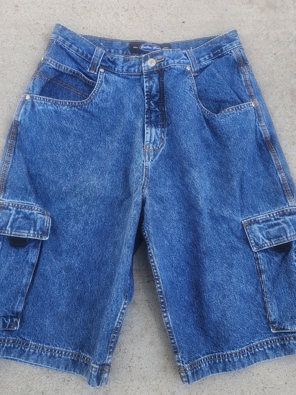 Anchor Blue Y2K Cargo Denim Blue Shorts Long Baggy Grunge Jorts, Mens Sz 34